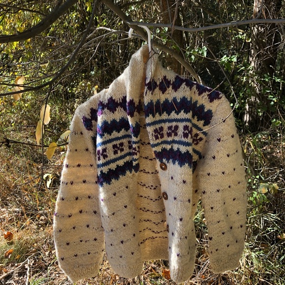 Nomadic Traders Sweaters - Women’s vintage Nomadic Traders fair isle purple/cream  wool cardigan sweater M